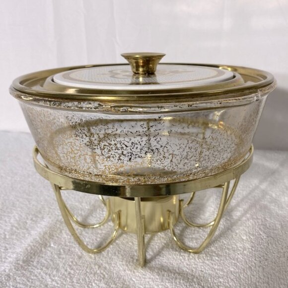 Vintage Anchor Hocking Fire King Gold Fleck Casserole & Stand Georges Briard Lid - Picture 2 of 15